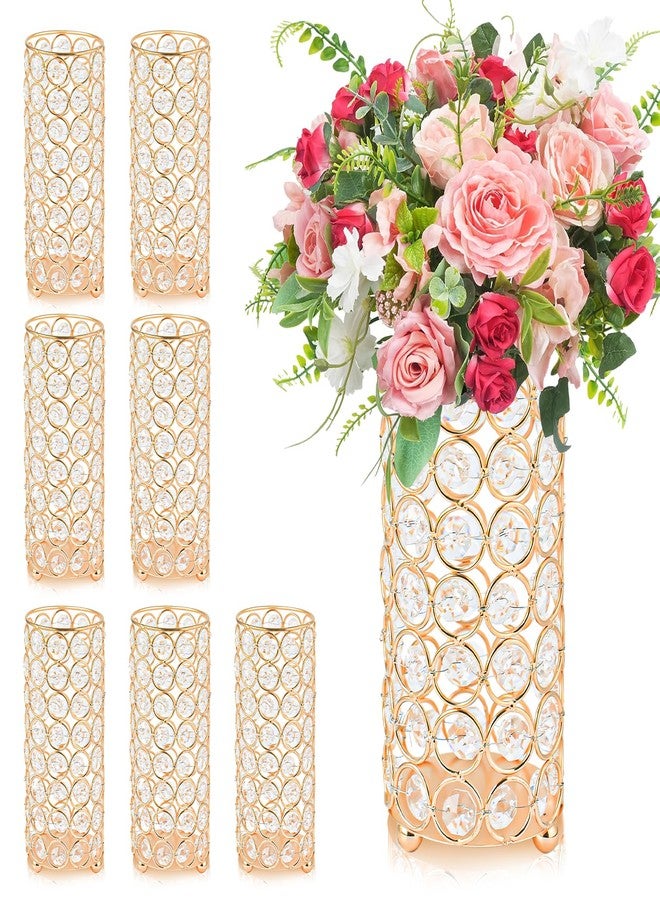 KEHAIL 8 Pcs Crystal Metal Vase Centerpiece, 7.9" Cylinder Flower Vase and Hollow-Out Candle Holder for Wedding, Party, Home Table Decor (8, Gold) - Image 1